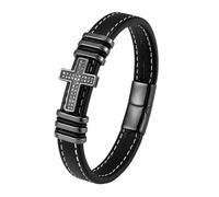 HUIANGLIYG Bracciale Uomo Pelle,Bracciale da Uomo in Vera Pelle con Zirconi e Croce, Classico Braccialetto Della Fede intrecciato Fatto A Mano, Unisex, con Chiusura Magnetica, per Attività Religios