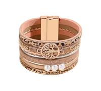HUIANGLIYG Braccialetti in Pelle intrecciata con Albero Della Vita per Donne, Braccialetti Larghi in Pelle intrecciata Multistrato Boho con Stampa di Lettere Semplici, perle, Braccialetto, Regali di