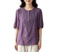 HUIANGLIYG Camicetta da Donna in Cotone e Lino Ricamata, Collo Rotondo, Tunica Larga A Maniche A Sbuffo 3/4, Top Floreale Vintage con Ricamo A metà Bottone, Camicia Casual Estiva per Le FESTIVITÀ,