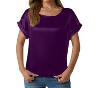 HUIANGLIYG Camicetta da Donna in Raso con Scollo Rotondo e Maniche Corte Arrotolate, Elegante, vestibilità Ampia, Top da Ufficio Leggero e Raffinato, Camicetta da Donna Viola Scuro S