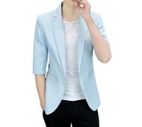 HUIANGLIYG Giacca Giacca da Uomo A Maniche 3/4 Abito Casual Leggero con Un Bottone Tacca A Sacco A Scoperta Giusto per Uomo Ufficio Estivo Matrimonio indossamento Quotidiano Azzurro Chiaro M