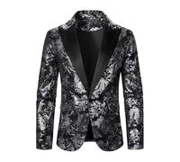 HUIANGLIYG Giacca Vintage in Smoking in Paisley per Uomini Blazer da Cena Floreale Jacquard Giacca Elegante con Un Solo Bottone per Il Ballo di Fine Anno di Fine Anno di Natale Argento XXL
