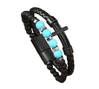 HUIANGLIYG Regalo Premuroso per Papà, Bracciale con Croce in Pelle intrecciata Nera con perline di Pietra Naturale, Chiusura Magnetica Vintage, Gioiello Religioso Cristiano per Papà e Marito, Turc