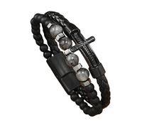 HUIANGLIYG Regalo Premuroso per Papà, Bracciale con Croce in Pelle intrecciata Nera con perline di Pietra Naturale, Chiusura Magnetica Vintage, Braccialetto Religioso Cristiano per Papà e Marito,