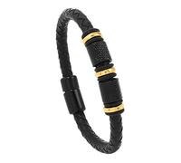HUIANGLIYG Regalo Premuroso per Papà, Bracciale da Uomo in Vera Pelle Nera intrecciata con Chiusura Magnetica, Bracciale Rigido Classico Casual per Papà, Nonno da Figlia, Figlio, Nero, Oro, 21 Cm