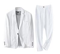 HUIANGLIYG Set di Abito di Lino da Uomo A Due Pezzi, Giacca Leggera con Un Bottone con Taglie al Reverso, Pantaloni Elastici in Vita, Traspiranti Outfit Casual Estivi per Spiaggia, Ufficio, indossam