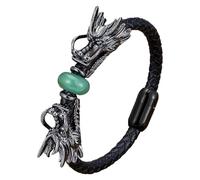 HUIANGLIYG Viking Dragon Leather Bracelet For Men,Natural Gemstone Black Braided Leather Cuff Wristband Double Dragon Head Braided Bracelet Punk Jewelry Gift Green-Aventurine-3 19 Cm
