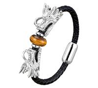 HUIANGLIYG Viking Dragon Leather Bracelet For Men,Natural Gemstone Black Braided Leather Cuff Wristband Double Dragon Head Braided Bracelet Punk Jewelry Gift Tiger-Eye-1 19 Cm