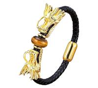 HUIANGLIYG Viking Dragon Leather Bracelet For Men,Natural Gemstone Black Braided Leather Cuff Wristband Double Dragon Head Braided Bracelet Punk Jewelry Gift Tiger-Eye-2 21 Cm