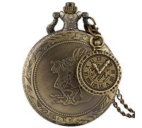 HUIBBGO Orologio da Tasca al Quarzo con Ciondolo, Collana e Catena, in Bronzo, con Coniglio Carino, Alice nel Paese delle Meraviglie, con Accessorio a carosello