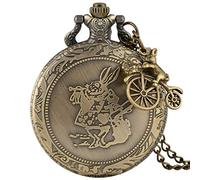 HUIBBGO Orologio da Tasca al Quarzo con Ciondolo, Collana e Catena, in Bronzo, con Coniglio Carino, Alice nel Paese delle Meraviglie, con Accessorio a carosello