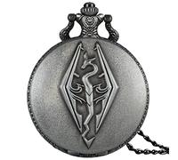 HUIBBGO Orologio da Tasca al Quarzo con Design retrò in Bronzo 3D con Drago a Tema The Elder Scrolls V con Catena per Collana per Ragazzi, Ciondolo Skyrim, Regali