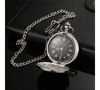 HUIBBGO Orologio da tasca con catena, alla moda, in acciaio liscio, al quarzo, orologio da taschino, con numeri romani, quadrante con numeri romani, orologio da regalo, nero argento