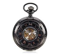 HUIBBGO Orologio da tasca con catena, orologio da taschino da uomo, classico, meccanico, vintage, a sei petali, con fiore cavo, orologio da tasca meccanico vintage, al quarzo, inciso, nero, 4,7 x 1,5