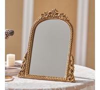 HuiDao Specchio da trucco vintage, antico tradizionale chic ad arco da tavolo, oro, decorazione in legno, piccolo Arendahl, per soggiorno, camera da letto, tavolo 30 x 24,4 cm