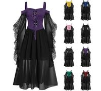 HUIFUAO - Abito gotico da donna, taglie forti, con maniche a farfalla, spalle scoperte, abito lungo, vintage, per Halloween, medievale, rinascimentale, vittoriano, cocktail, serate, festival, rosa, L