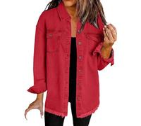 HUIFUAO Camicia di Denim Lavato Giacca Donna Oversize Button Down Cappotto di Jeans con Tasca Manica Lunga Camicetta di Denim Sfrangiato Top, Rosso, XXL