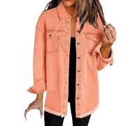 HUIFUAO Camicia di Denim Lavato Giacca Donna Oversize Button Down Cappotto di Jeans con Tasca Manica Lunga Camicetta di Denim Sfrangiato Top, Arancia, XXL
