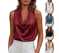 HUIFUAO Camicie da donna in raso con collo ad anello eleganti canotte senza maniche elegante camicetta di seta da lavoro ufficio business casual gilet top party sera uscire camicette tunica, Nero , S