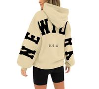HUIFUAO London Felpa con Cappuccio da Donna UK Oversize con Stampa Lettere, Pullover con Tasca e Coulisse, Z01 Beige, S