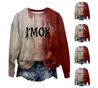 HUIFUAO Problem Solved Bloody Sweatshirt Spaventoso Costumi di Halloween I'M Ok Bloody Pullover Don't Be Scared Top a maniche lunghe Divertenti Abiti per Festival, Rosso #2., XXL