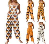 HUIFUAO Tuta da Halloween da donna, taglie forti, tuta da zucca divertente costume di Halloween spaventoso stampa pipistrello ragno salopette senza maniche a gamba larga tutina con tasche, Arancione