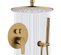HUIMOZ Set Doccia con deviatore a Pulsante in Oro Spazzolato, Montaggio a soffitto, soffione Tondo in Ottone da 10-12 Pollici e Kit di Finitura per doccetta con valvola, sistemi