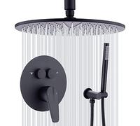 HUIMOZ Set Doccia, soffione Doccia Rotondo a Pioggia e doccetta Portatile da 10-12 Pollici in Ottone Nero Opaco con deviatore a Pulsante, sistemi Doccia di Lusso, 10 Pollici