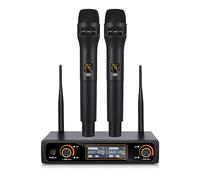 HUIOP Sistema di microfono portatile senza fili professionale a 16 canali UHF 2 microfoni 1 ricevitore Cavo audio 6,35 mm Schermo LCD Microfono cardioide e ricevitore a 16 canali per karaoke festa di