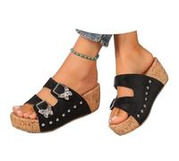 HUIQINGLI Cork Wedges Platform Slides Orthopedic Sandals, 2025 New Women's Double Butterfly Buckle Platform Slip On Vacation Sandals (Black,42)