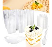 Huiyoulan 50 Pezzi Tazze da Dessert 150ml Con Coperchio e Cucchiai, Coppette Gelato Plastica Riutilizzabile, Bicchierini Finger Food Trasparente per Mousse, Budini, Gelati