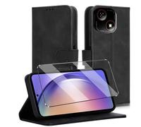 HuiYouMY Cover e Vetrino Compatible with ZTE Blade A35E Premium Pelle PU Flip Libro Custodia Cover Antiurto Piu Vetro temperato Pellicola Protettiva,[Slot per Scheda] [Funzione di Supporto] Nero