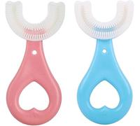 Hujiedian Set di 2 spazzole per bambini a forma di U per tutta la bocca, setole in silicone, massaggiano le gengive, pulizia completa, manuale (2-6 anni, blu + rosa)