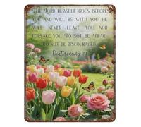 HUJWLBWF Floral Scripture Metal Tin Sign Deuteronomy 318 Be Strong and Courageous Rustic Wall Hanging for Nursery Entryway 8 X 12 in