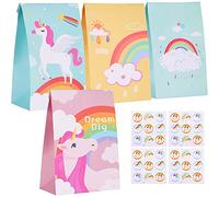 Hukermoon 24 Pezzi Borsa da Festa Unicorno, Sacchetti Regalo Colorati con 36 Adesivi, Sacchetto di Caramelle Carta per Party Baby Shower, Matrimoni, Feste di Unicorno, Feste di Compleanno e Natale
