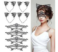 Hukermoon 8 Pezzi Maschera di Pizzo Nera Fascia per Orecchie di Gatto, Orecchie da Gatto Nere Maschera Veneziana Donna Pizzo Sexy, Maschera Catwoman Pizzo per Halloween Carnevale Maschere da Ballo