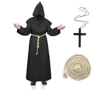 Hukermoon Costume da Monaco Medievale Rinascimentale, Costume Sacerdote Prete Uomo Costume Frate Medieval con Cappuccio e Collana a Croce Abito da Monaco per Halloween Carnevale Cosplay (Nero, M)