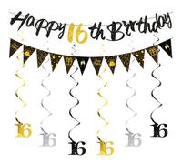 HUKUMA 16° compleanno ragazzo, decorazione di compleanno per bambine 16 anni, dolce 16 stelle stelle filanti nere, ghirlanda di compleanno a spirale, decorazione per il 16° compleanno ragazza