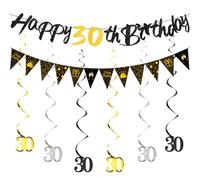 HUKUMA 30° compleanno, decorazione per compleanno, 30 anni, donna, 30 pezzi, stelle filanti nere, ghirlanda a spirale, decorazione per 30° compleanno, uomini e donne