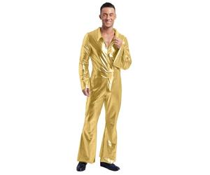 HULIJA 70s Disco Outfit Uomo Glitter Metallic Jumpsuit Lunga Tuta Stretch Flare Pantaloni Gamba Larga Olografica Festival Outfit Oro XL