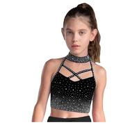 HULIJA Bambina Ballerina Ginnastica Danza Top Strass Glitter Maglietta Corta A Vita Alta Top Canottiera con Cut out Nero 9-10 Anni