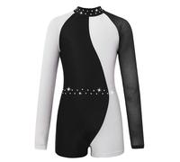 HULIJA Bambina Ragazza Tuta Da Ginnastica Strass Glitter Tuta Da Ginnastica Maniche Lunghe Sportiva Intera Corta Jumpsuit Blocco Colore Patchwork Nero Bianco 6 anni