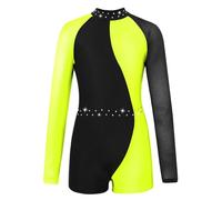 HULIJA Bambina Ragazza Tuta Da Ginnastica Strass Glitter Tuta Da Ginnastica Maniche Lunghe Sportiva Intera Corta Jumpsuit Blocco Colore Patchwork Giallo fluorescente 6 anni