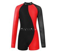 HULIJA Bambina Ragazza Tuta Da Ginnastica Strass Glitter Tuta Da Ginnastica Maniche Lunghe Sportiva Intera Corta Jumpsuit Blocco Colore Patchwork Rosso 6 anni
