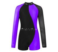 HULIJA Bambina Ragazza Tuta Da Ginnastica Strass Glitter Tuta Da Ginnastica Maniche Lunghe Sportiva Intera Corta Jumpsuit Blocco Colore Patchwork Viola 6 anni