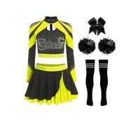 HULIJA Costume Da Donna Manica Lunga Top Da Ballo Tshirt Corta Gonna Avvolgente Strass Glitter Fiocchi Fascia Per Capelli Pompon Calze Abbigliamento Ballo Giallo fluorescente B M