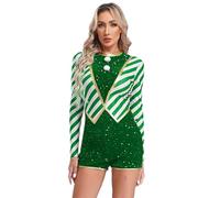 HULIJA Costume Natalizio Donna Body da Babbo Natale Cintura Manicha Lunga Bodysuit da Natalizia cin Paillettes Lingerie Cosplay Santa del Intero Verde M