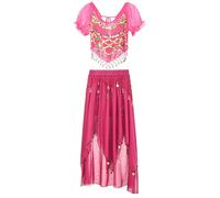 HULIJA Donna Set di Costumi di Danza Indiana Fantasia di Danza del Ventre Gelsomino Arabo Indiano Bollywood Top in Due Pezzi con Gonna Carnevale Rosa Caldo Taglia Unica