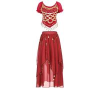 HULIJA Donna Set di Costumi di Danza Indiana Fantasia di Danza del Ventre Gelsomino Arabo Indiano Bollywood Top in Due Pezzi con Gonna Carnevale Rosso Taglia Unica