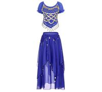 HULIJA Donna Set di Costumi di Danza Indiana Fantasia di Danza del Ventre Gelsomino Arabo Indiano Bollywood Top in Due Pezzi con Gonna Carnevale Blu Reale Taglia Unica